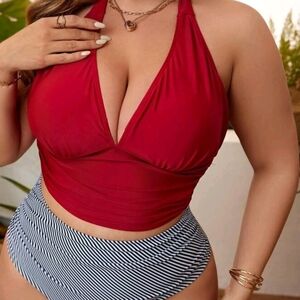 SHEIN Red and Black Striped Bikini